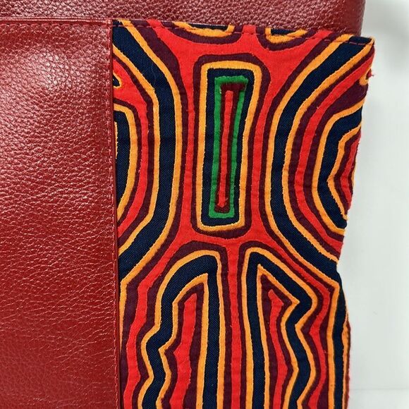 Red Leather Sling with Mola Textile and Adjustable Strap, "Red Jungle" - Picture 3 of 5